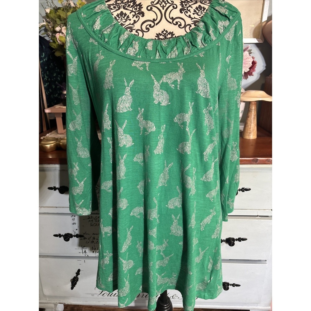Anthropologie Postmark Here and There Tunic Bunnies Spring Green XL